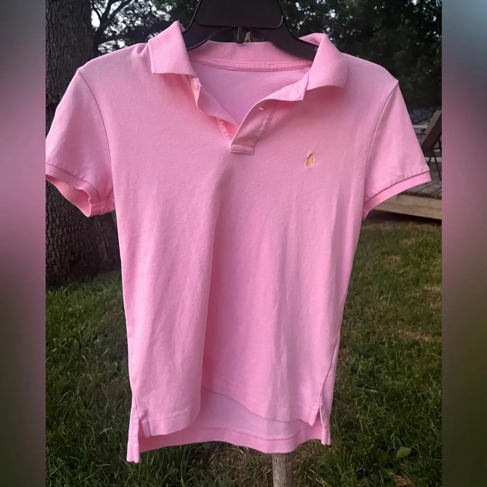 Ralph Lauren Pink Polo Buttoned Collared Shirt Yellow Logo Emblem Girls 14-16